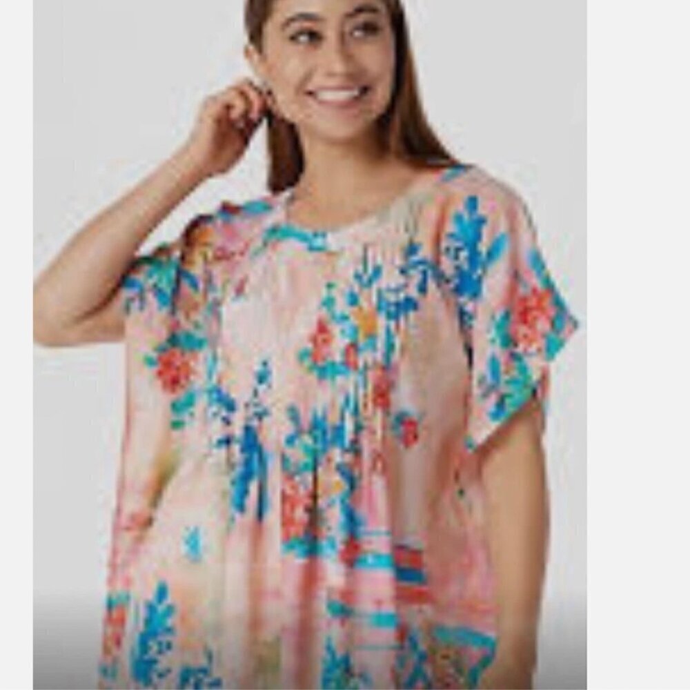 Tolani Collection Women's Top Sz 1XL Multi Colored Printed Caftan Blush A376836